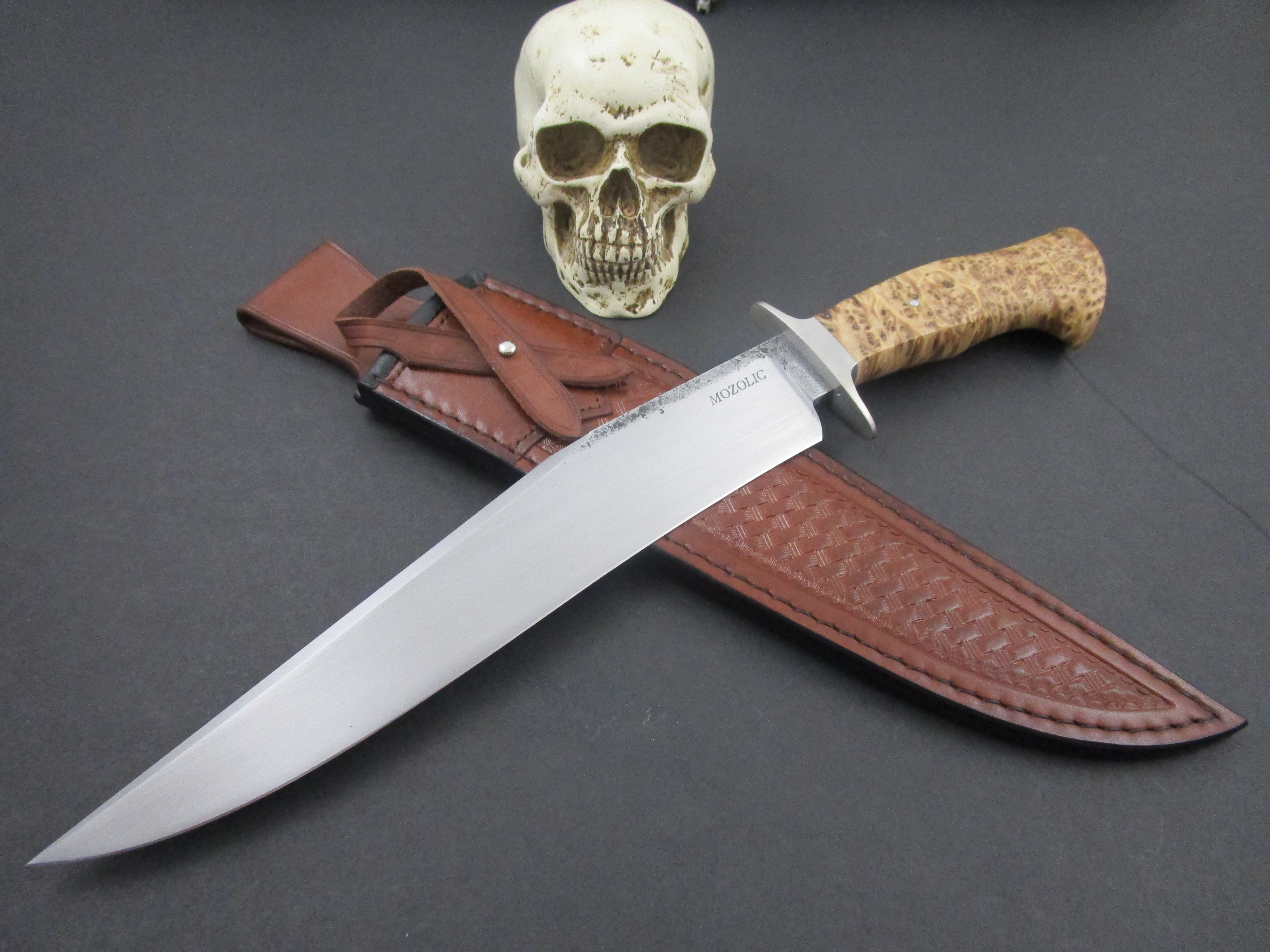 Mozolic Knives Forged W2 Black Ash Burl Fighter / Bowie